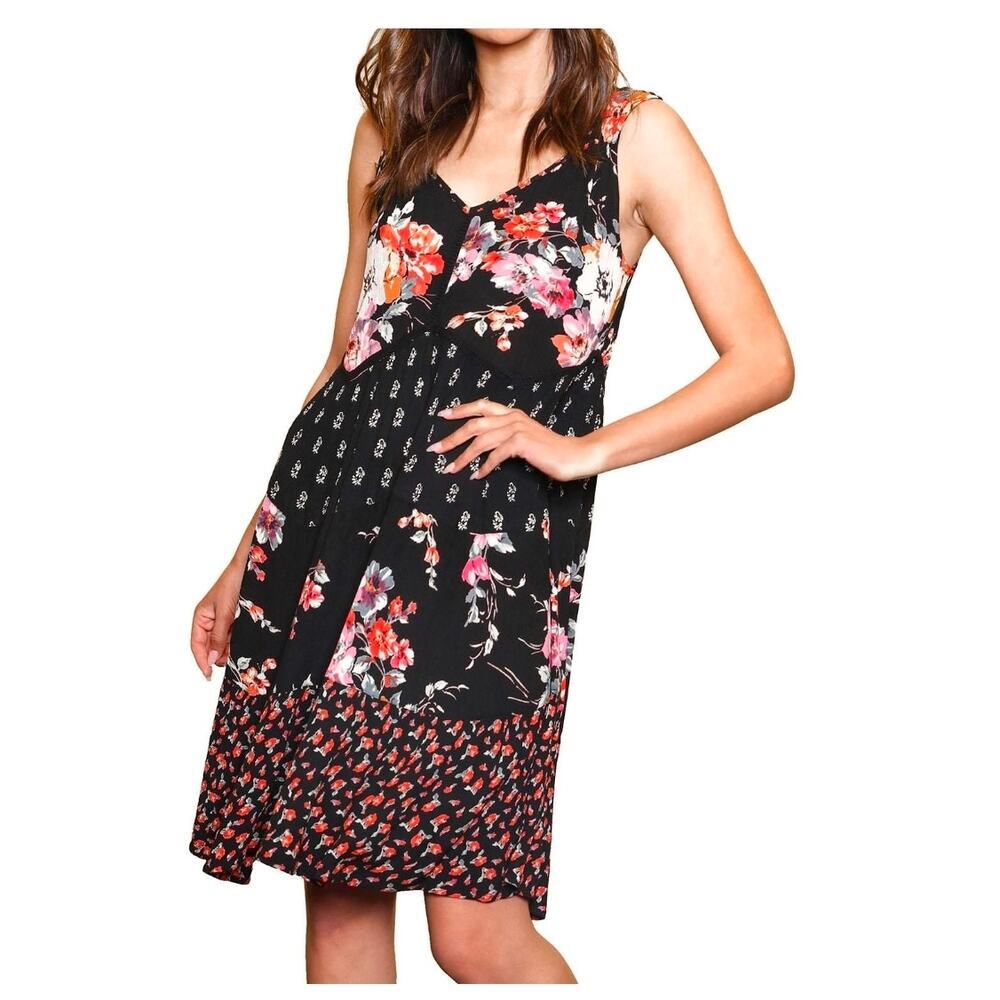 Bila Sundress XL Boho Patchwork Floral Sleeveless Tiered Midi Black Cottagecore